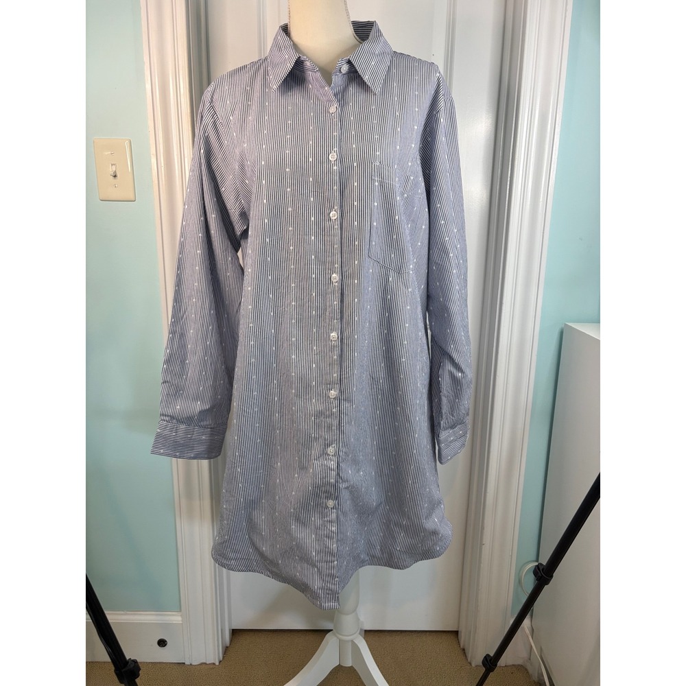 Victoria Dunn Blue White Striped Dotted Cotton Button Down Shirt Dress XL NWT